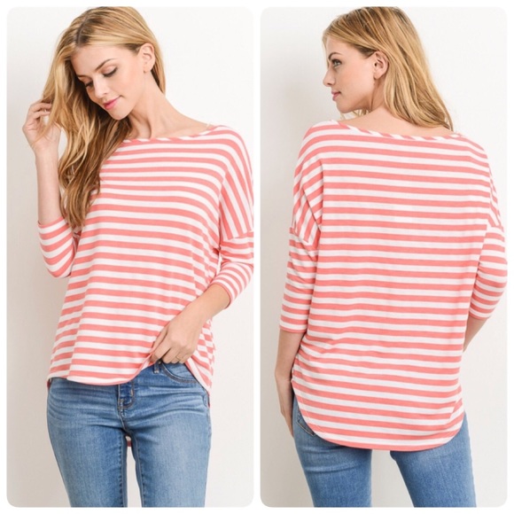 Gilli Tops - Coral and White Boat Neck Striped Top